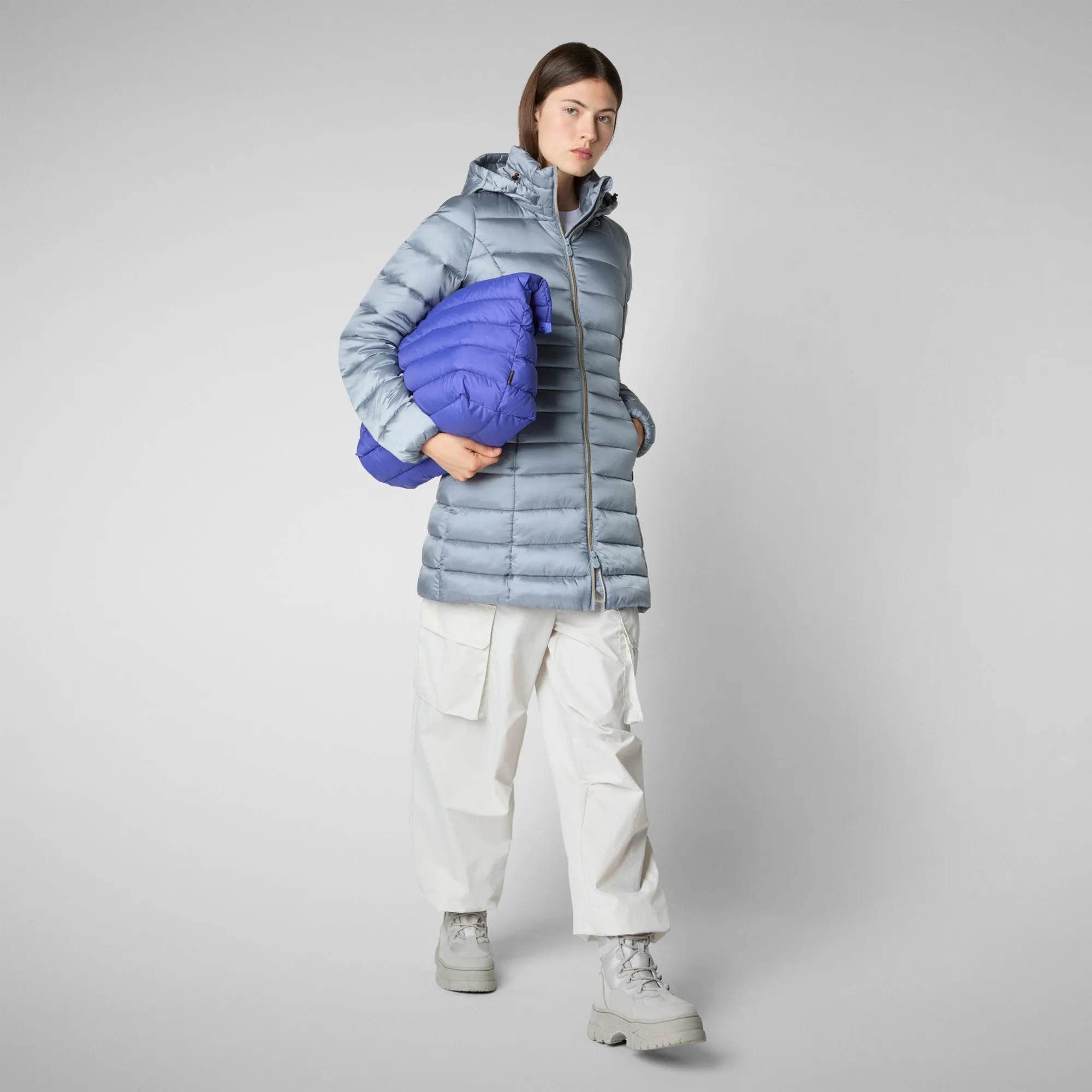 Women's Hooded Animal free Puffer Coat Reese in Blue Fog