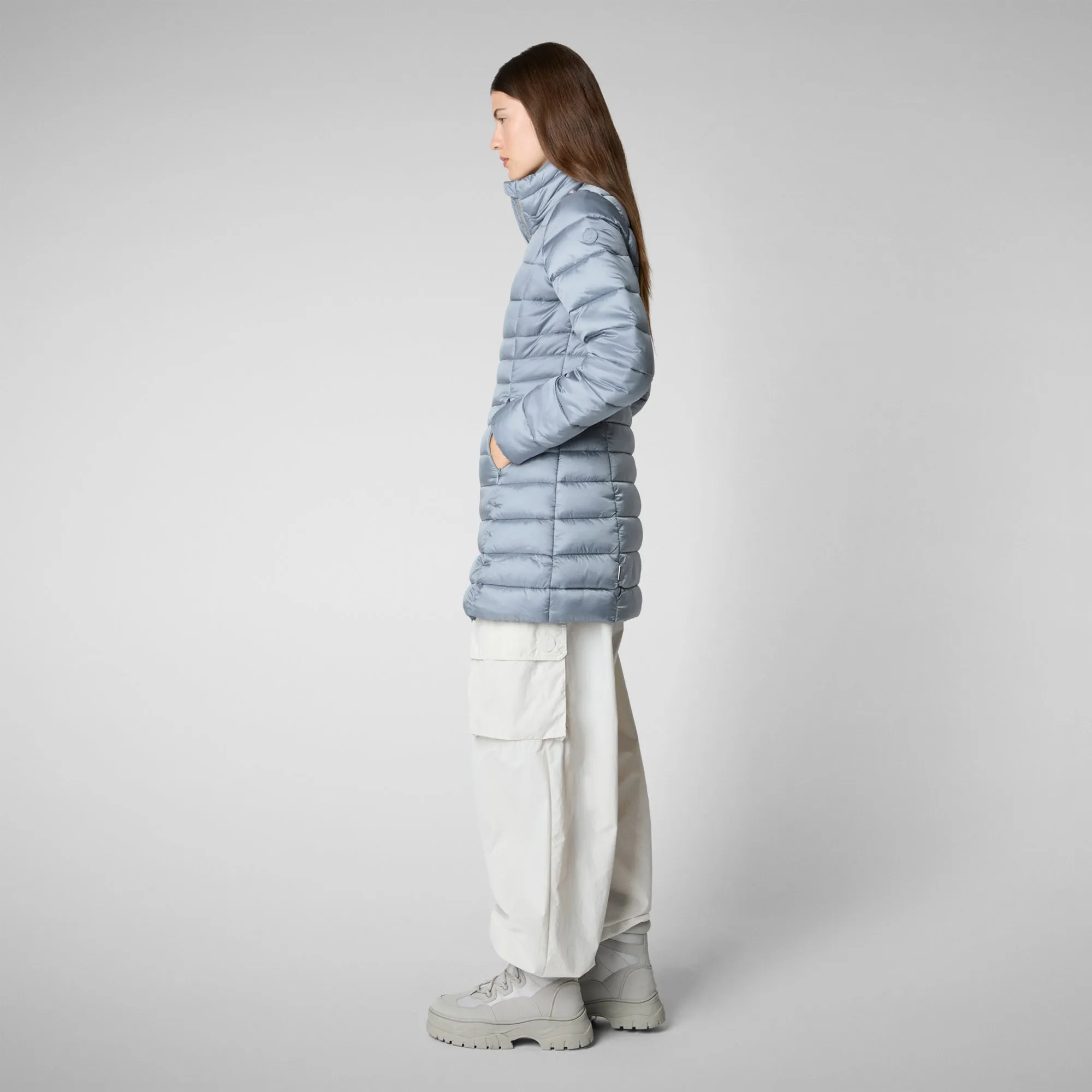 Women's Hooded Animal free Puffer Coat Reese in Blue Fog