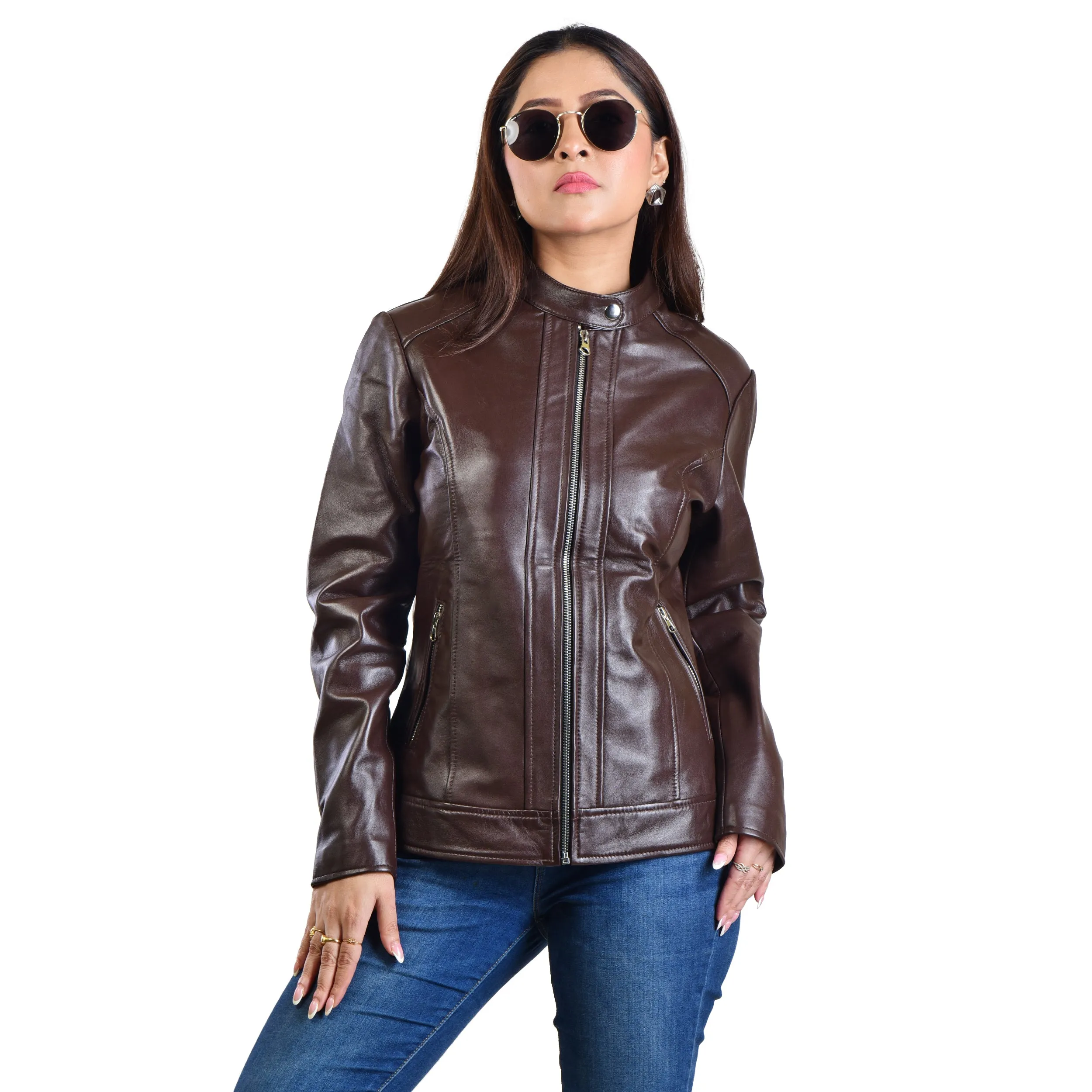 WOMENS LEATHER JACKET 410159(BROWN)