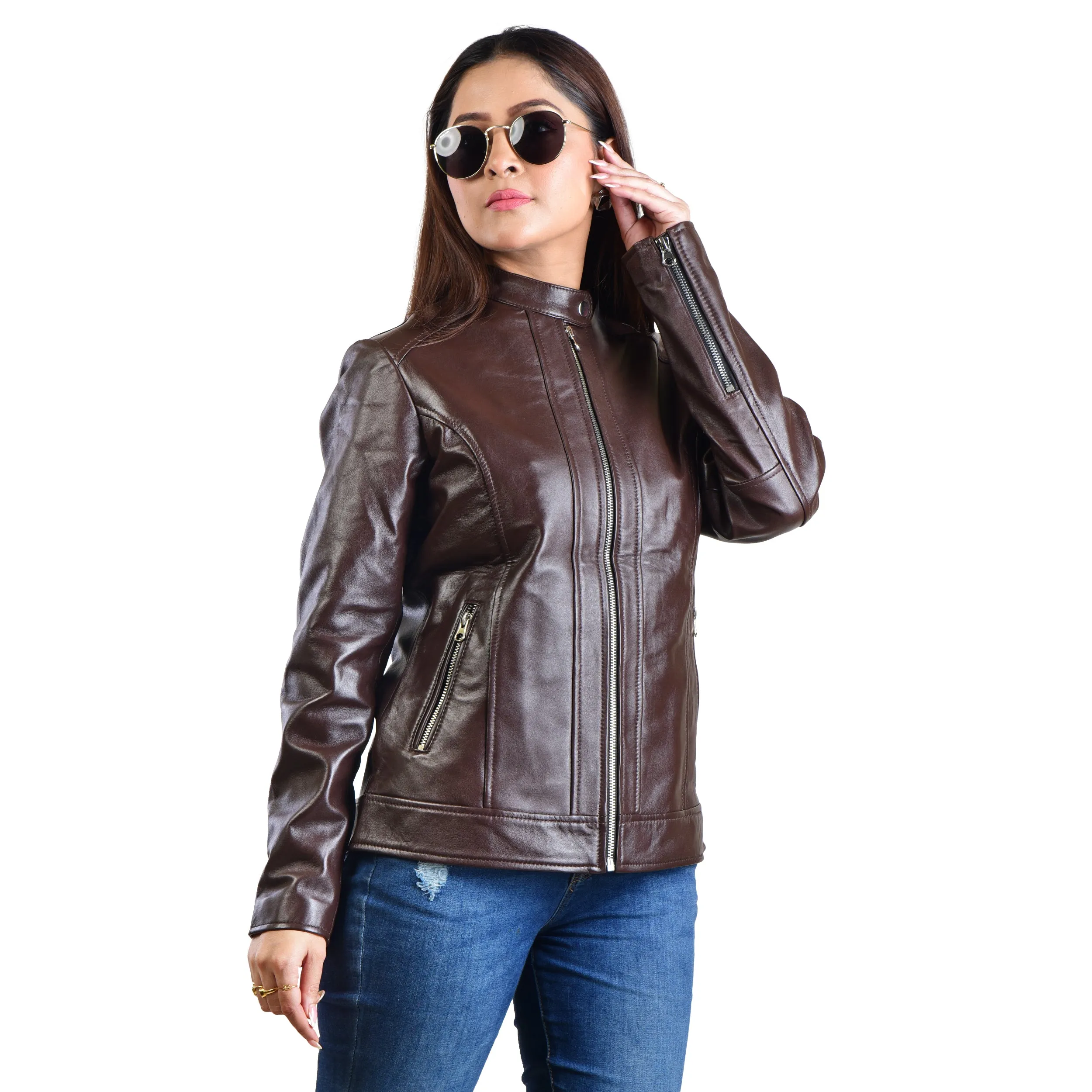 WOMENS LEATHER JACKET 410159(BROWN)