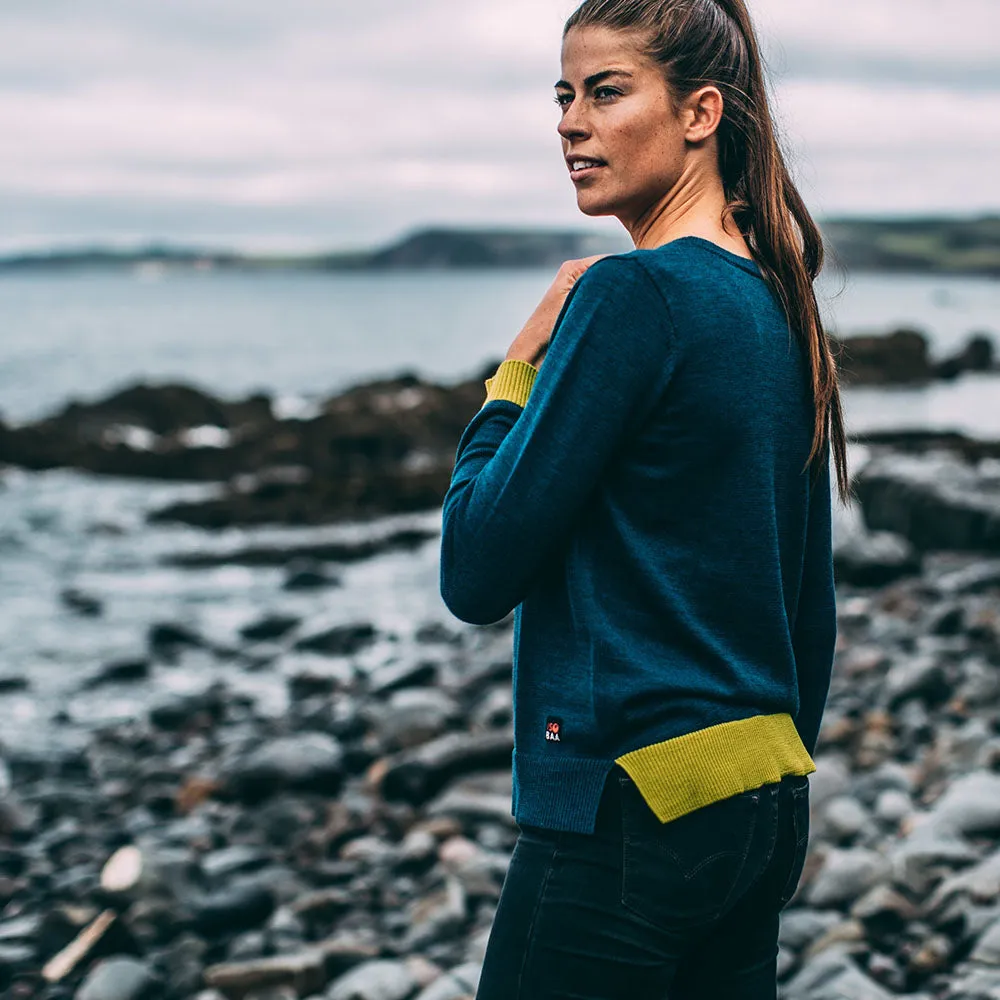 Womens Merino Crew Sweater (Petrol/Lime)