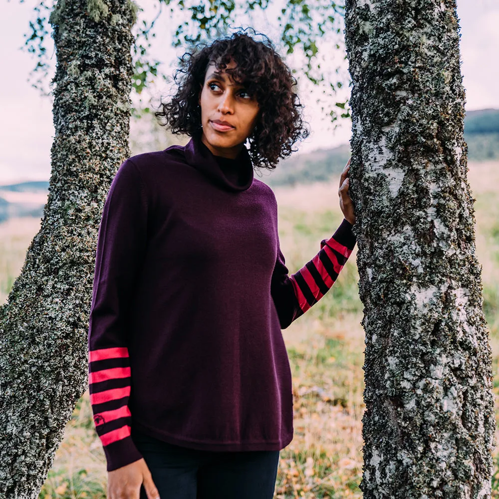 Womens Merino Roll Neck Sweater (Wine/Fuchsia)