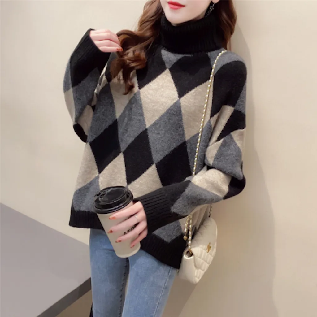 Womens Turtleneck Argyle Pattern Sweater