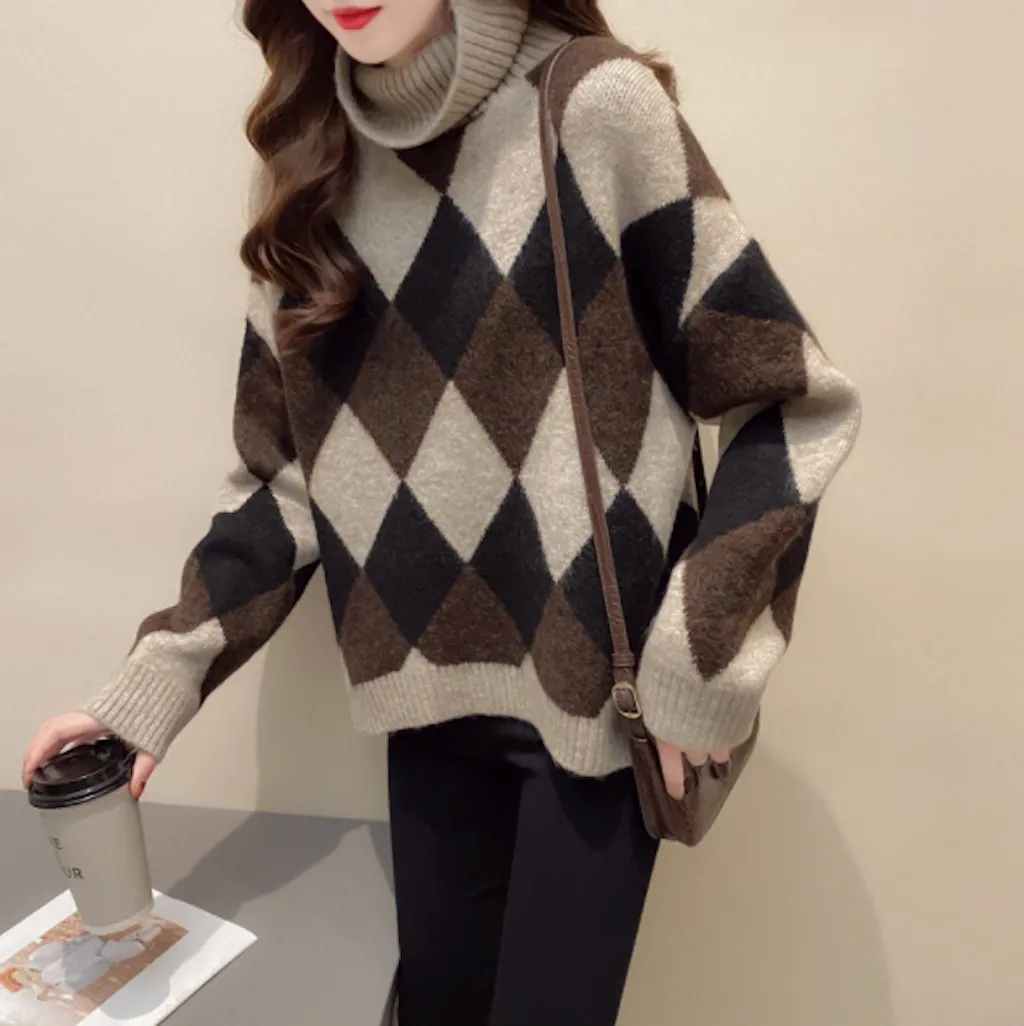 Womens Turtleneck Argyle Pattern Sweater