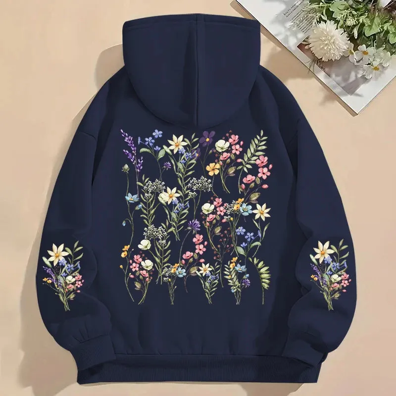 Women's Y2K Hoodies Vintage Wild Flower Print Loose Sweatshirt Long Sleeve Pocket Women Pullover Boho Plant Style Flower Hoody