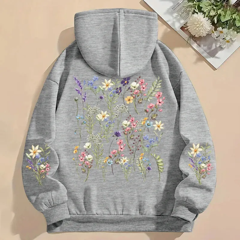 Women's Y2K Hoodies Vintage Wild Flower Print Loose Sweatshirt Long Sleeve Pocket Women Pullover Boho Plant Style Flower Hoody