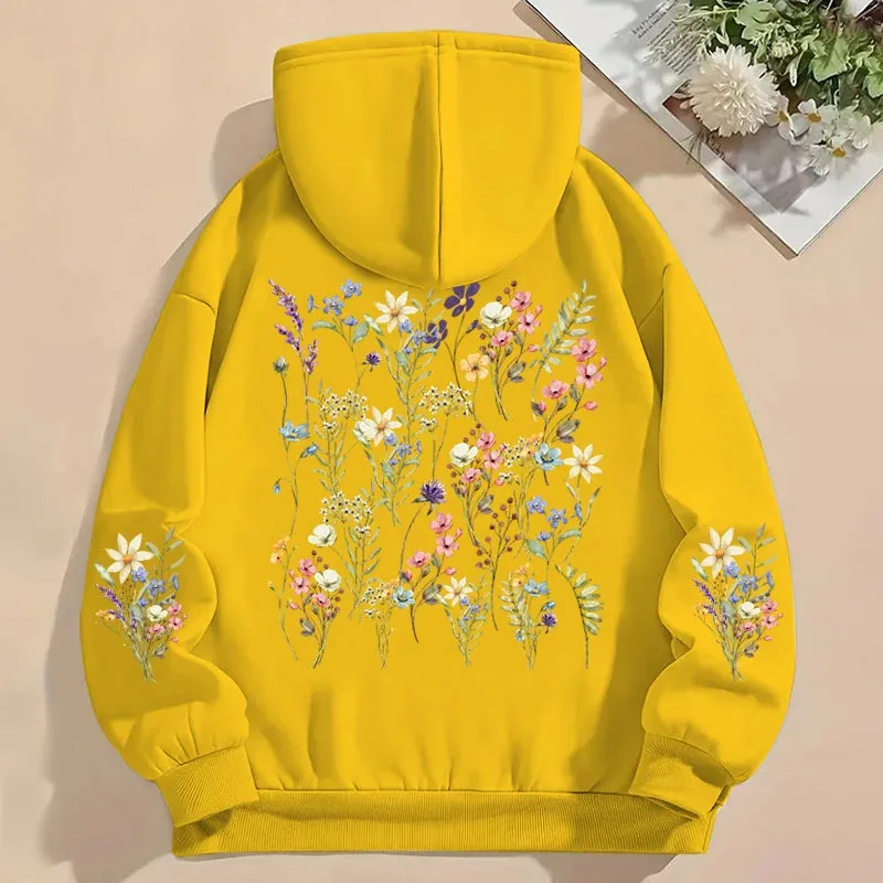 Women's Y2K Hoodies Vintage Wild Flower Print Loose Sweatshirt Long Sleeve Pocket Women Pullover Boho Plant Style Flower Hoody