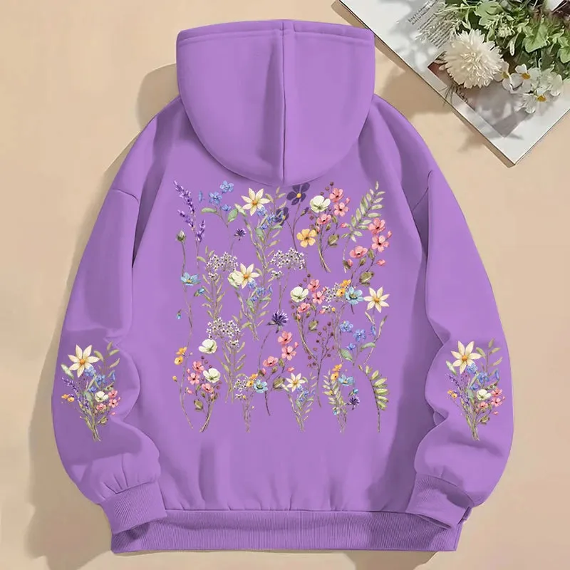 Women's Y2K Hoodies Vintage Wild Flower Print Loose Sweatshirt Long Sleeve Pocket Women Pullover Boho Plant Style Flower Hoody