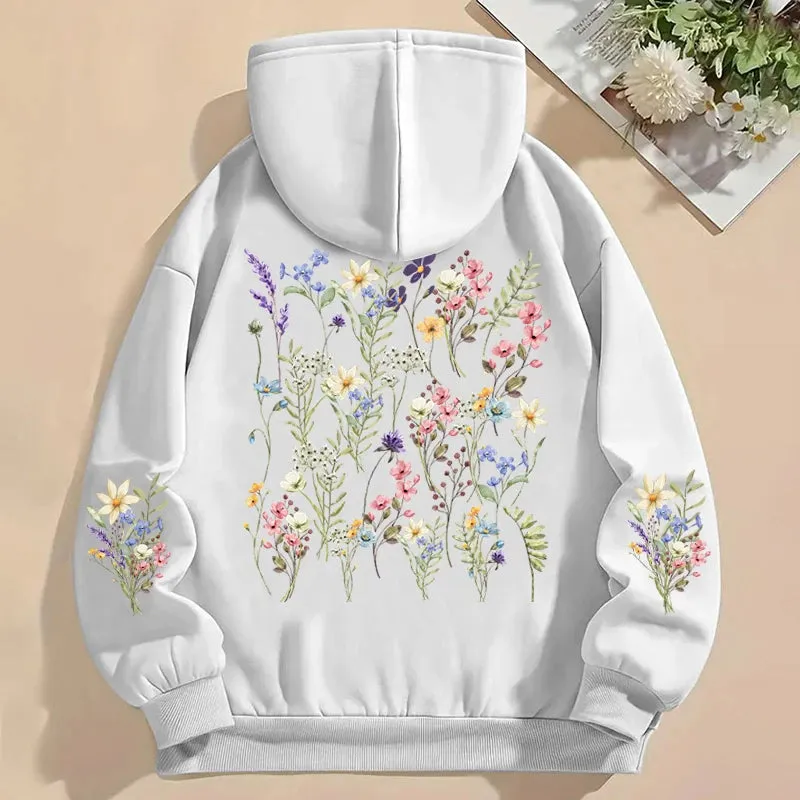 Women's Y2K Hoodies Vintage Wild Flower Print Loose Sweatshirt Long Sleeve Pocket Women Pullover Boho Plant Style Flower Hoody