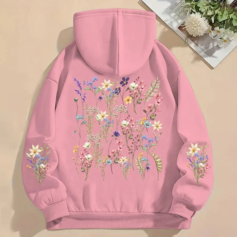 Women's Y2K Hoodies Vintage Wild Flower Print Loose Sweatshirt Long Sleeve Pocket Women Pullover Boho Plant Style Flower Hoody