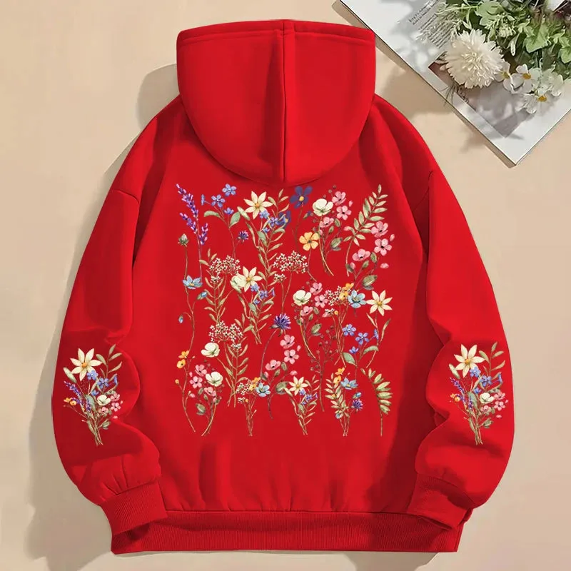 Women's Y2K Hoodies Vintage Wild Flower Print Loose Sweatshirt Long Sleeve Pocket Women Pullover Boho Plant Style Flower Hoody