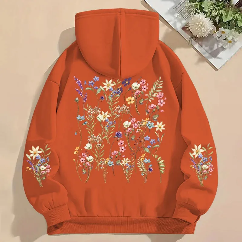 Women's Y2K Hoodies Vintage Wild Flower Print Loose Sweatshirt Long Sleeve Pocket Women Pullover Boho Plant Style Flower Hoody