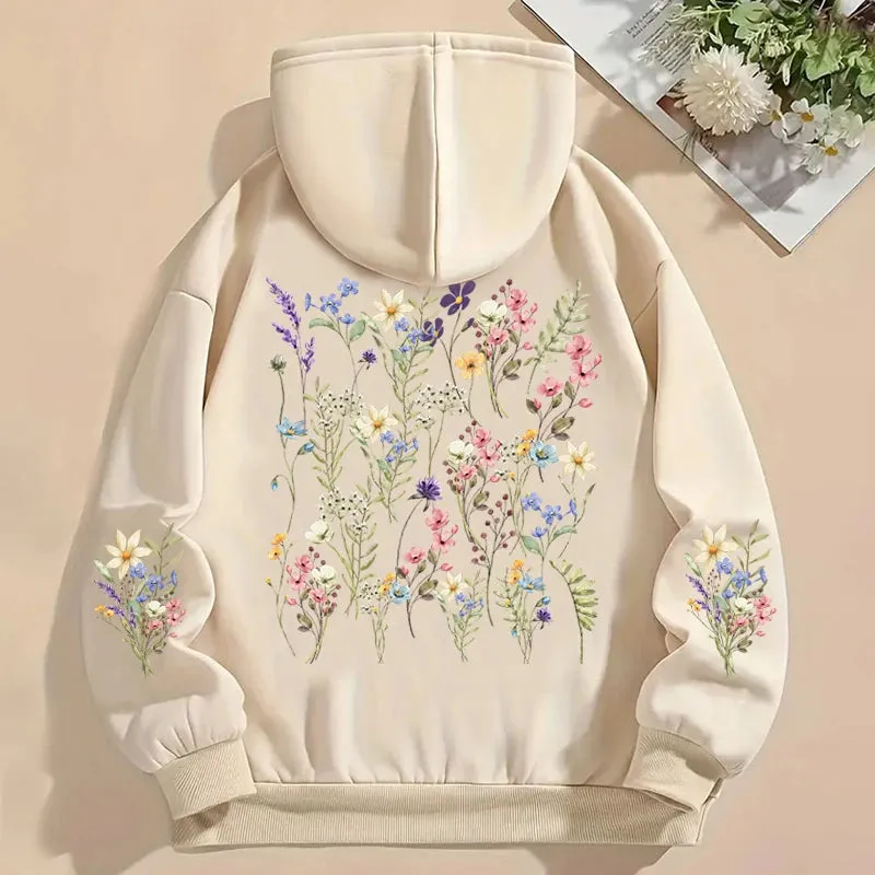 Women's Y2K Hoodies Vintage Wild Flower Print Loose Sweatshirt Long Sleeve Pocket Women Pullover Boho Plant Style Flower Hoody