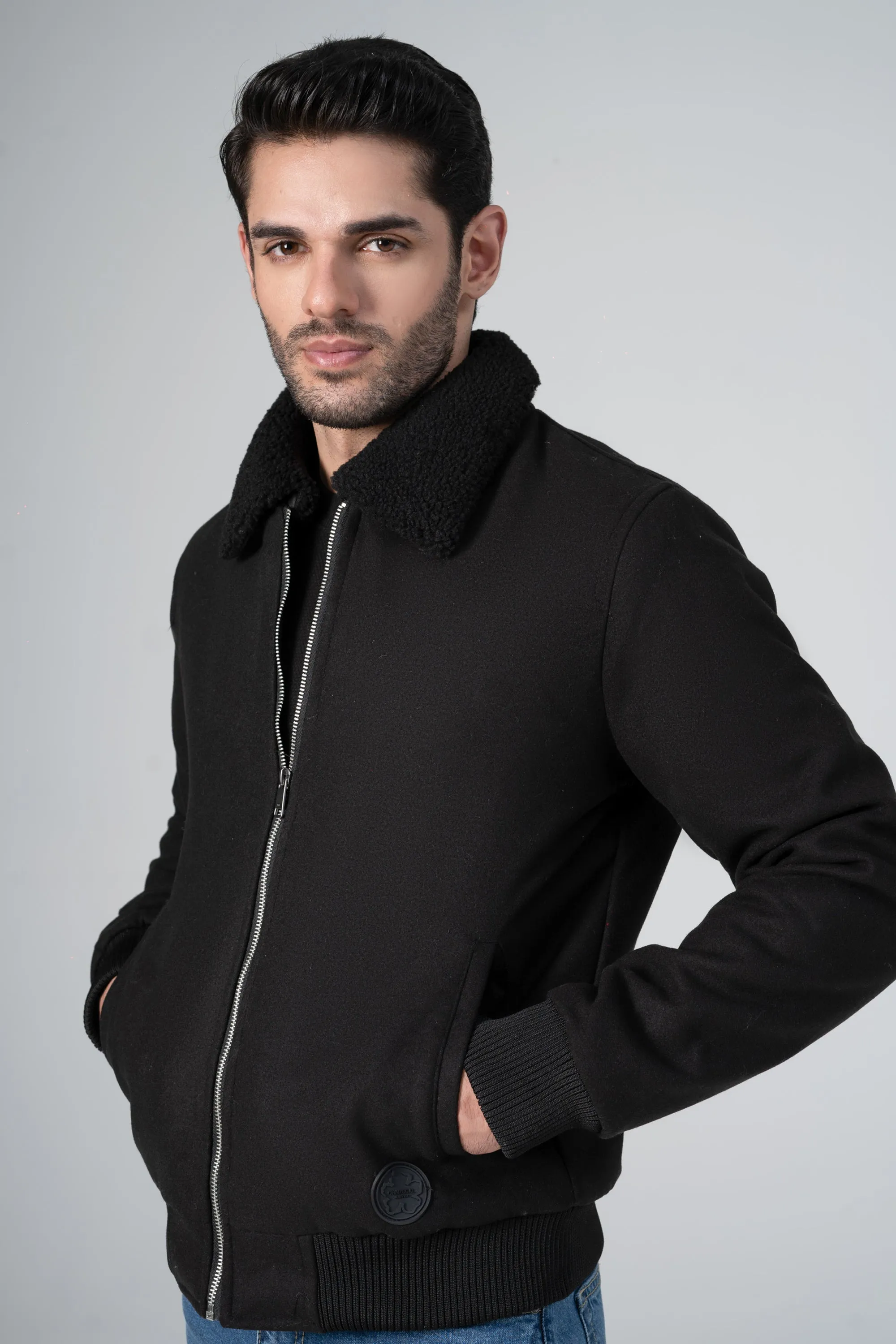 WOOLEN DETACHABLE FUR COLLAR JACKET BLACK